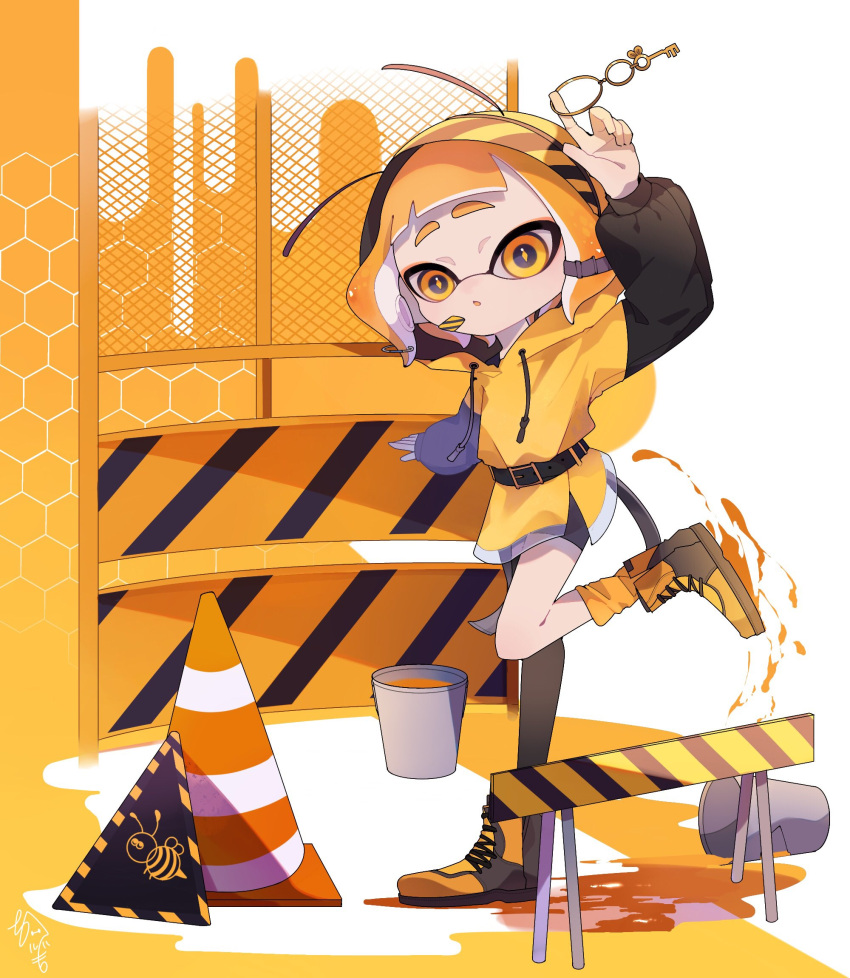 1girl :o bee_print belt bike_shorts blonde_hair bucket bucket_spill commentary highres holding holding_key honeycomb_(pattern) inkling inkling_girl jacket key looking_at_viewer medium_hair open_mouth paint paint_can puffy_sleeves socks solo spill splatoon_(series) squid_ikaaa standing standing_on_one_leg tentacle_hair thick_eyebrows traffic_cone yellow_eyes yellow_jacket yellow_socks