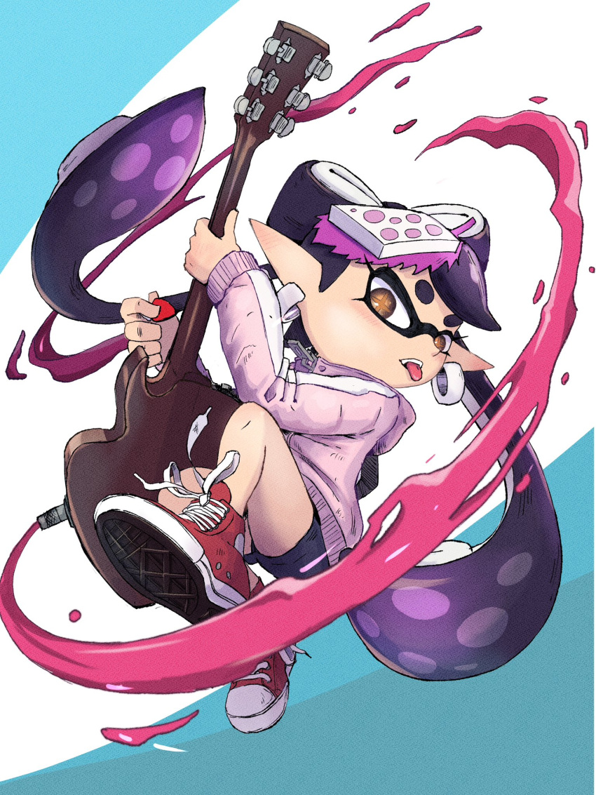 1girl alternate_costume black_hair blue_background bow-shaped_hair callie_(splatoon) commentary_request cross-laced_footwear earrings eyelashes food food_on_head full_body gradient_hair guitar highres holding holding_guitar holding_instrument hoop_earrings instrument jacket jewelry long_hair multicolored_hair object_on_head paint pink_jacket pointy_ears purple_hair red_footwear shoes solo splatoon_(series) star-shaped_pupils star_(symbol) sushi symbol-shaped_pupils tara_sli teeth tentacle_hair thick_eyebrows tongue tongue_out two-tone_background two-tone_hair white_background yellow_eyes