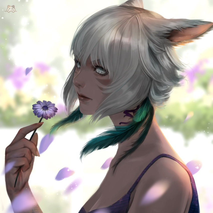 1girl animal_ears bare_shoulders blurry blurry_background cat_ears collarbone commentary english_commentary expressionless facial_mark falling_petals feather_hair_ornament feathers final_fantasy final_fantasy_xiv flower from_side grey_hair hair_ornament hand_up highres holding holding_flower llen_chabbie looking_ahead miqo'te neck_tattoo petals portrait short_hair slit_pupils solo tattoo white_eyes wind y'shtola_rhul