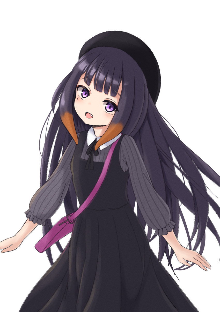 1girl absurdres bag beret blunt_bangs blush collared_dress dress fang hat highres hololive hololive_english long_hair long_sleeves looking_at_viewer maddosai mole mole_under_eye multicolored_hair neck_ribbon ninomae_ina'nis open_mouth orange_hair pinafore_dress purple_hair ribbon shoulder_bag simple_background sleeveless sleeveless_dress smile solo tentacles very_long_hair violet_eyes white_background
