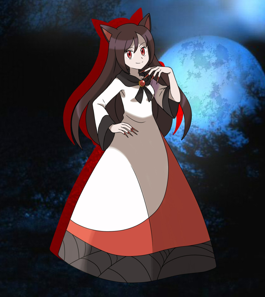 1girl animal_ears asatsuki_(fgfff) blue_moon brooch brown_hair dress fingernails full_body full_moon hair_between_eyes hand_on_own_hip highres imaizumi_kagerou jewelry long_hair long_sleeves looking_at_viewer moon multicolored_clothes multicolored_dress print_dress puffy_long_sleeves puffy_sleeves red_eyes red_nails sharp_fingernails smile solo touhou wolf_ears wolf_girl