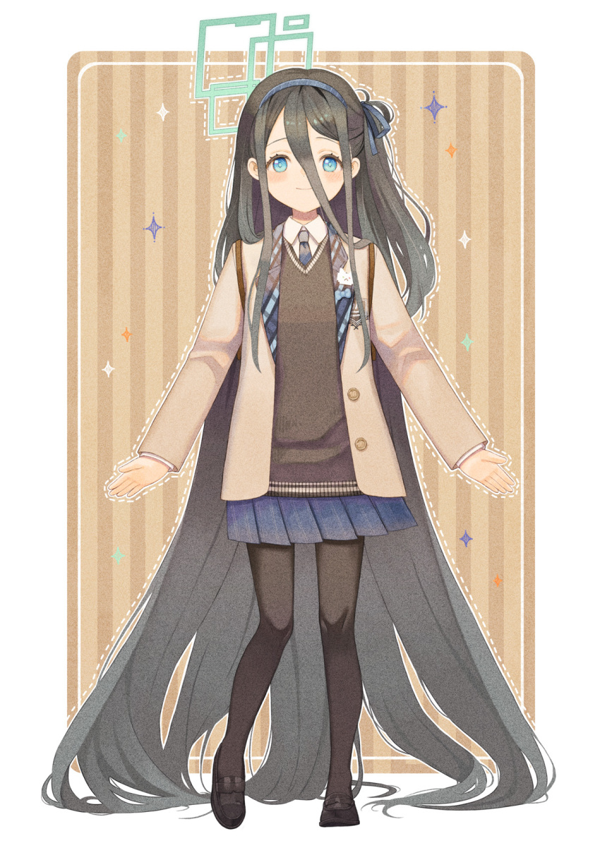 1girl absurdly_long_hair aris_(blue_archive) black_footwear black_hair black_pantyhose black_vest blue_archive blue_eyes blue_necktie blue_skirt blush brown_jacket closed_mouth collared_shirt full_body green_halo halo highres jacket long_hair looking_at_viewer necktie one_side_up open_clothes open_jacket original-orange-610917 pantyhose pleated_skirt shirt shoes skirt smile solo very_long_hair vest white_shirt