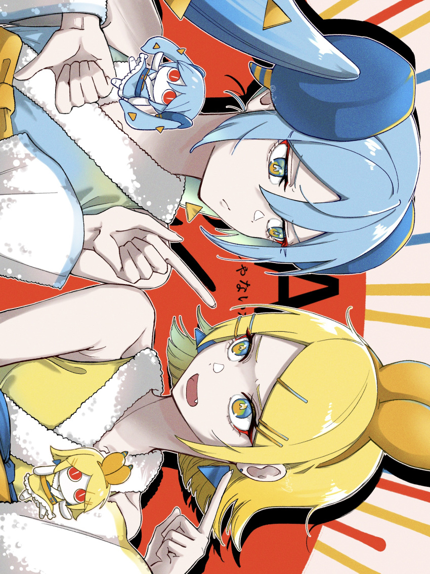 &gt;:( 2girls a_ja_nai_ka_(vocaloid) aimaina blonde_hair blue_eyes blue_hair bow_hairband detached_sleeves fang furrowed_brow hair_ornament hairband hairclip hatsune_miku highres japanese_clothes kagamine_rin long_hair multicolored_eyes multiple_girls nisui57 open_mouth pointing pointing_at_another short_hair sleeveless thumbs_down v-shaped_eyebrows vocaloid yellow_eyes