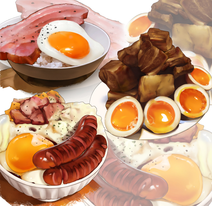 absurdres bowl commentary egg_(food) english_commentary food food_focus fried_egg ham highres inset mashed_potatoes meal meat no_humans original pepper_(spice) plate realistic rice sausage softboiled_egg tom23579