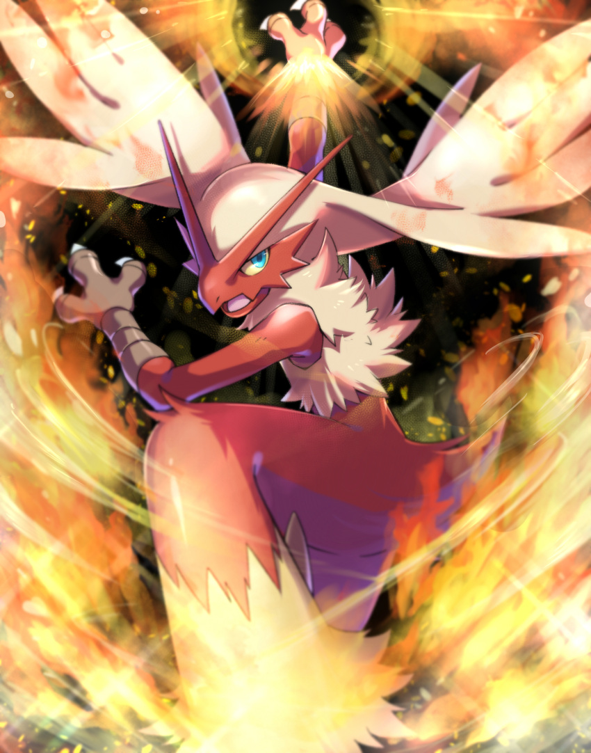 absurdres blaziken blurry claws colored_sclera commentary fire highres horns leg_up ms_misubaru_mk2 open_mouth pokemon pokemon_(creature) red_fur solo tongue yellow_sclera