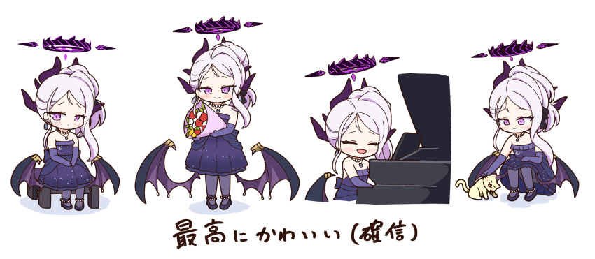 1girl achilles_(yosshyachillesd) animal black_horns blue_archive blush bouquet cat closed_mouth dangle_earrings demon_horns demon_wings dress earrings elbow_gloves gloves grand_piano grey_hair halo highres hina_(blue_archive) hina_(dress)_(blue_archive) holding holding_bouquet horns instrument jewelry long_hair multiple_horns multiple_views necklace official_alternate_costume official_alternate_hairstyle pendant piano purple_dress purple_gloves purple_wings simple_background sitting smile violet_eyes white_background wings