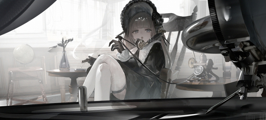 1girl absurdres antique_phone black_dress black_gloves bonnet chair cigar crossed_legs dress gloves gothic_lolita grey_hair highres indoors lolita_fashion long_hair looking_at_viewer misumigumi open_mouth original phone rotary_phone sitting smoking solo thigh-highs white_thighhighs