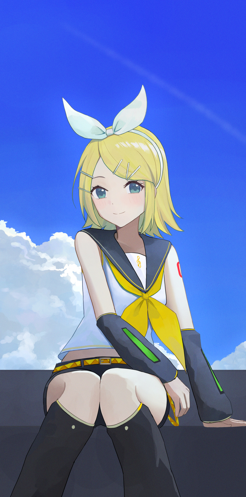 1girl absurdres belt blonde_hair blue_eyes blush bow crop_top day detached_sleeves dress feet_out_of_frame hair_bow hair_ornament hairclip highres kagamine_rin kumare_yuki leg_warmers long_sleeves looking_at_viewer midriff neckerchief outdoors sailor_collar short_hair shorts sitting sky sleeveless sleeveless_dress smile solo vocaloid
