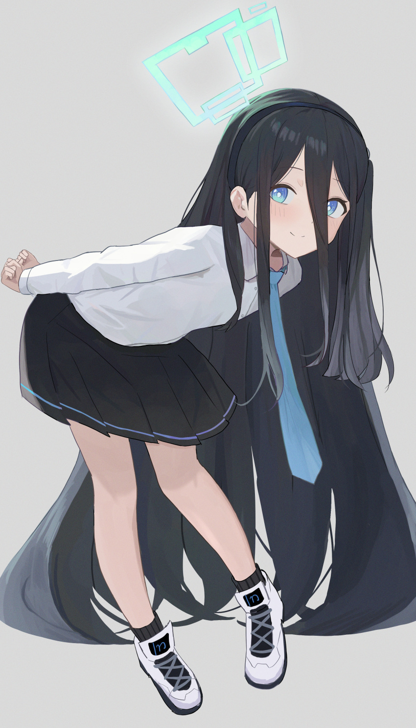1girl absurdres aris_(blue_archive) arms_behind_back black_hair blue_archive blue_eyes blush collared_shirt full_body hairband halo highres kumare_yuki leaning_forward long_bangs long_hair long_sleeves looking_at_viewer necktie one_side_up pleated_skirt shirt shoes skirt smile sneakers socks solo very_long_hair