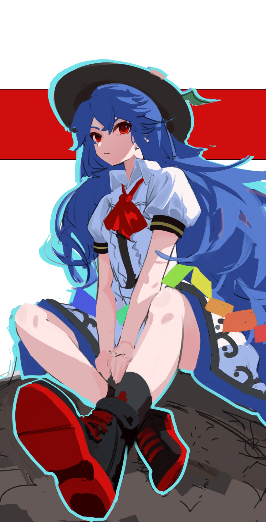 1girl absurdres ascot black_footwear black_socks blue_hair blue_outline blue_skirt center_frills closed_mouth collared_shirt commentary erijian flat_chest frills highres hinanawi_tenshi long_hair outline puffy_short_sleeves puffy_sleeves red_ascot red_eyes shirt shoe_soles short_sleeves simple_background sitting skirt socks solo symbol-only_commentary touhou white_shirt
