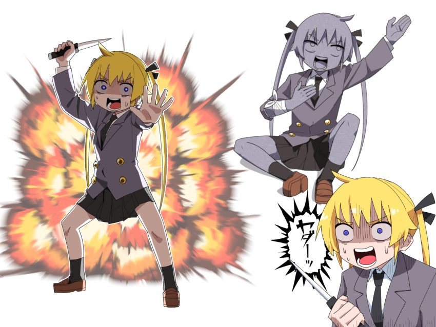 1girl arm_up bandaged_arm bandages black_necktie black_ribbon black_skirt black_socks blonde_hair brown_footwear collared_shirt explosion hair_ribbon highres holding holding_weapon jacket kill_me_baby long_sleeves multiple_views necktie open_mouth pleated_skirt ribbon school_uniform shaded_face shirt shoes sitting skirt socks sonya_(kill_me_baby) sweat twintails violet_eyes weapon yachima_tana