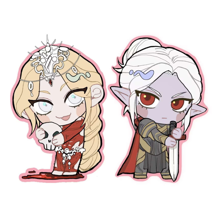 2girls :| armor baldur's_gate baldur's_gate_3 blonde_hair blood blush_stickers bodysuit cape chibi circlet closed_mouth commentary crutch_c dark_elf detached_sleeves dungeons_and_dragons elf eyes_visible_through_hair flat_color full_body hair_bun headpiece highres holding holding_skull holding_sword holding_weapon long_hair looking_at_viewer low-braided_long_hair minthara multiple_girls no_nose open_mouth orin_the_red outline parted_bangs pauldrons pink_outline pointy_ears red_bodysuit red_cape red_eyes short_hair shoulder_armor simple_background single_hair_bun skull smile sword symbol-only_commentary weapon white_background white_eyes white_hair