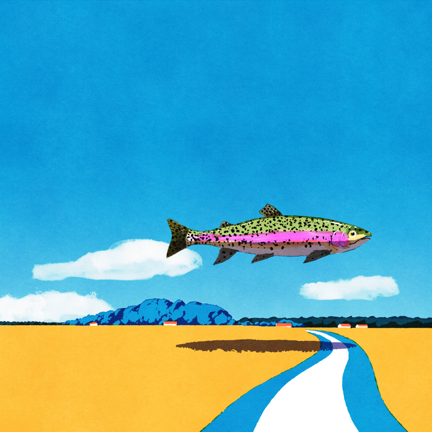absurdres blue_sky building clouds day fish highres iida_kento mountain no_humans original outdoors rainbow_trout road scenery shadow sky trout