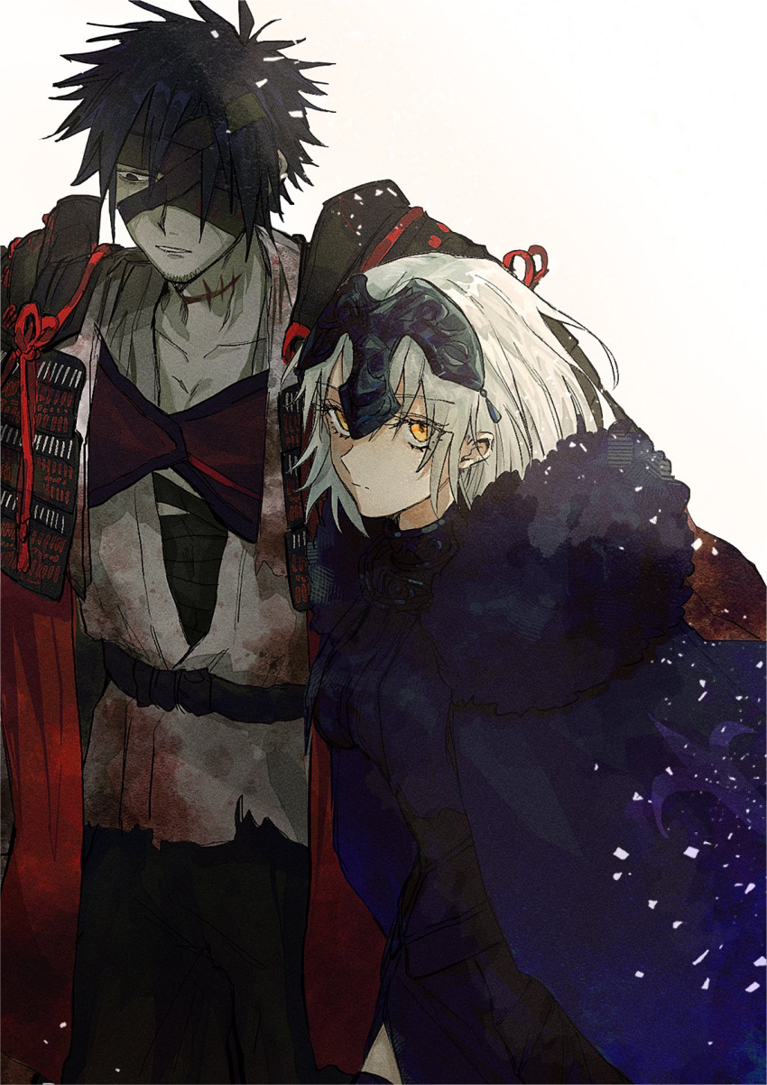 1boy 1girl bandage_over_one_eye bandages black_dress black_hair cape chiemon_(fate) closed_mouth dress expressionless fate/samurai_remnant fate_(series) fur-trimmed_cape fur_trim grey_hair headpiece highres japanese_clothes jeanne_d'arc_alter_(fate) jeanne_d'arc_alter_(lancer)_(fate) looking_at_viewer one_eye_covered pale_skin purple_cape red_cape short_hair simple_background umeboitarou white_background