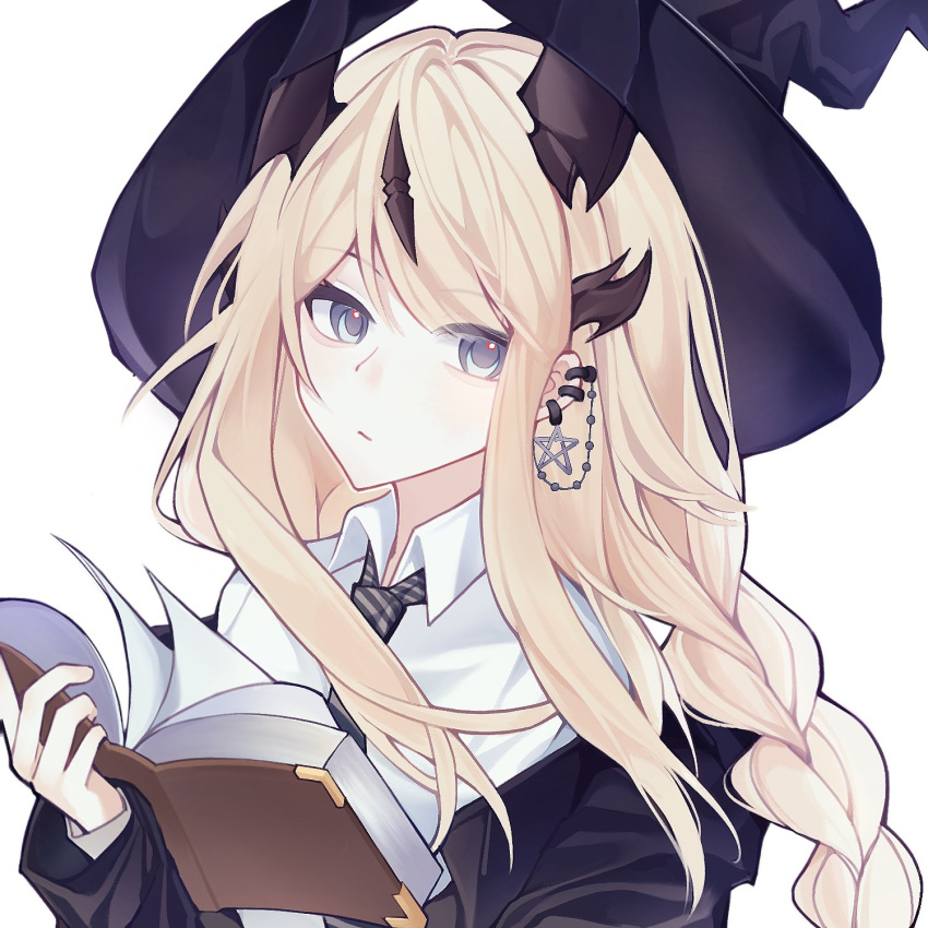 1girl arknights black_jacket black_necktie blonde_hair book braid closed_mouth collared_shirt dress_shirt earclip earrings floating_hair grey_eyes highres holding holding_book horns jacket jewelry lineage863 long_hair necktie off_shoulder reed_(arknights) reed_the_flame_shadow_(arknights) reed_the_flame_shadow_(curator)_(arknights) shirt simple_background solo upper_body white_background white_shirt