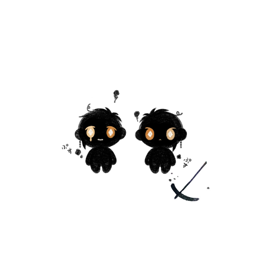 2boys absurdres angry brown_eyes chibi clouds commentary_request crying dangle_earrings earrings floyd_leech full_body grin heterochromia highres jade_leech jewelry li04r male_focus multiple_boys pickaxe sharp_teeth short_hair silhouette simple_background single_earring smile soot teardrop teeth translation_request twisted_wonderland white_background yellow_eyes