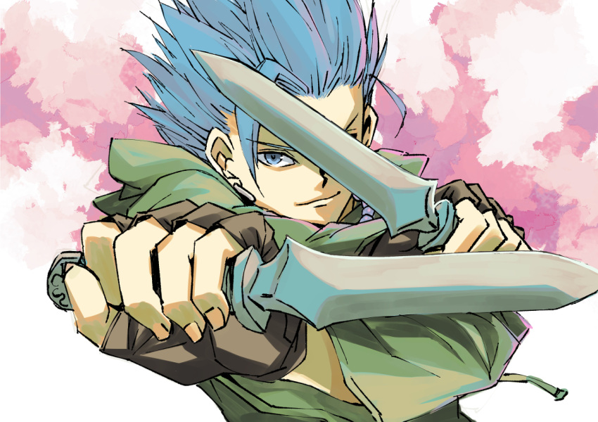 1boy blue_eyes blue_hair brown_gloves camus_(dq11) closed_mouth commentary_request dagger dragon_quest dragon_quest_xi dual_wielding fingerless_gloves gloves holding holding_dagger holding_knife holding_weapon knife male_focus muramasa_mikado pink_background short_hair smile solo two-tone_background upper_body weapon white_background