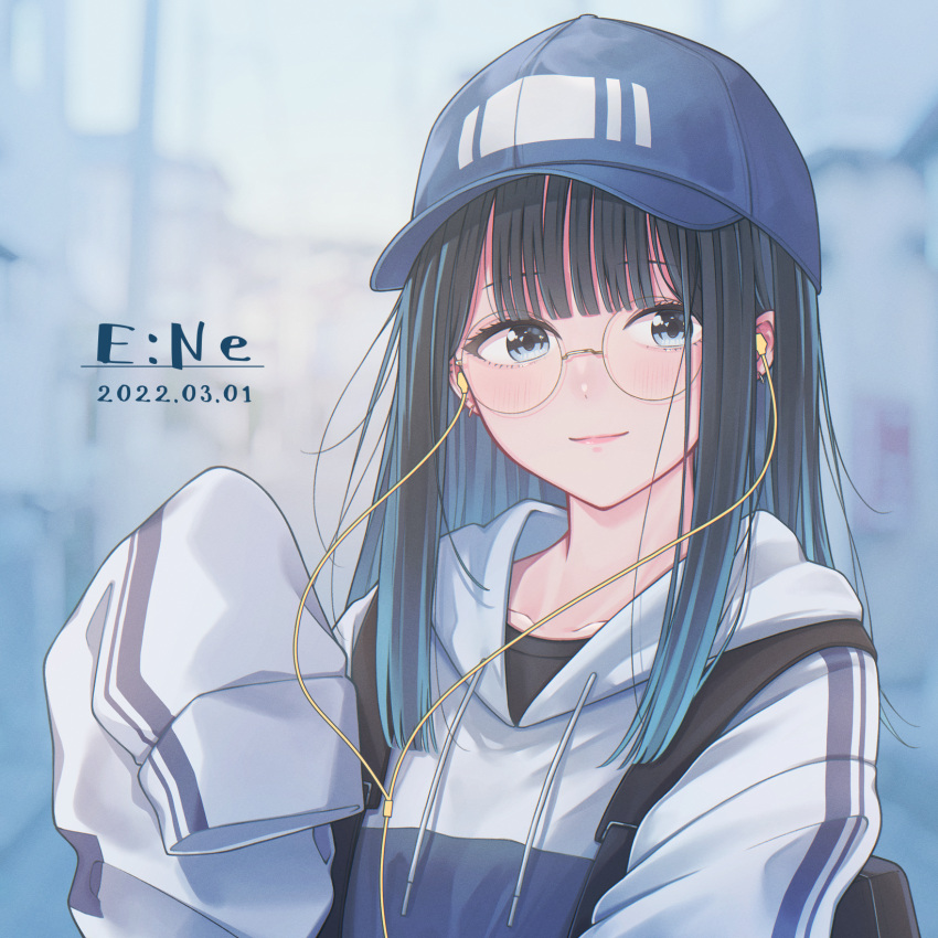 1girl artist_name baseball_cap black_hair black_shirt blue_eyes blue_hair blue_headwear blue_hoodie blurry blurry_background closed_mouth commentary dated day drawstring earphones ene_mizunoawa english_commentary glasses hat highres hood hood_down hoodie looking_at_viewer multicolored_hair original outdoors pink_lips rimless_eyewear round_eyewear shirt sleeves_past_wrists smile striped_clothes striped_hoodie two-tone_hoodie upper_body white_hoodie