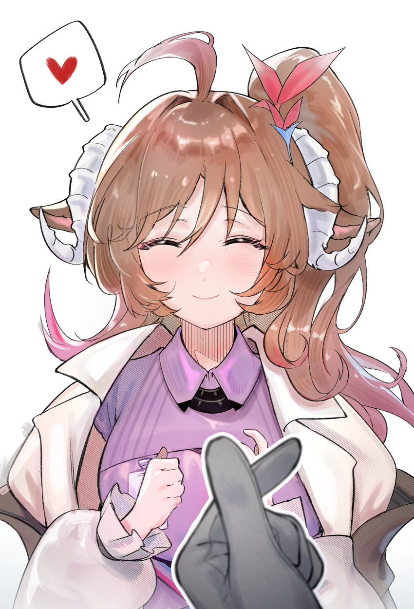 1girl 1other ^_^ absurdres ahoge animal_ears arknights blush breasts brown_hair closed_eyes closed_mouth collared_shirt commentary_request elsi english_commentary eyjafjalla_(arknights) eyjafjalla_the_hvit_aska_(arknights) finger_heart gloves grey_gloves hair_between_eyes hair_intakes hands_up heart highres horns jacket korean_commentary long_hair long_sleeves medium_breasts one_side_up open_clothes open_jacket puffy_long_sleeves puffy_sleeves purple_shirt sheep_ears sheep_girl sheep_horns shirt simple_background smile spoken_heart upper_body white_background white_jacket