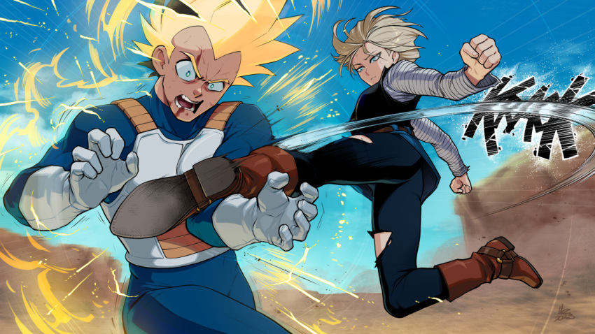 1boy 1girl android_18 aqua_eyes armor black_hair black_pantyhose black_vest blonde_hair blue_bodysuit blue_skirt bodysuit boots breastplate breasts broken_arm brown_footwear clenched_hands commentary constricted_pupils cowboy_boots denim denim_skirt derivative_work dragon_ball dragon_ball_z english_commentary expressionless fighting gloves kicking leather leather_boots medium_breasts multicolored_hair muscular muscular_male mx._moz o-ring pain pantyhose saiyan_armor screencap_redraw short_hair skirt spiky_hair striped_clothes striped_sweater super_saiyan sweater torn_clothes torn_pantyhose two-tone_hair vegeta vest white_gloves white_sweater