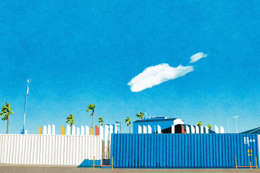 blue_sky building clouds day highres iida_kento no_humans original outdoors palm_tree scenery shipping_container sky tree