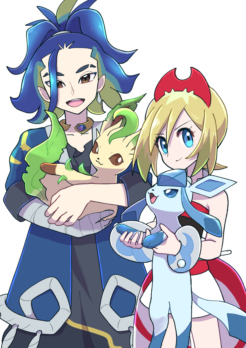 1boy 1girl :3 absurdres adaman_(pokemon) blonde_hair blue_eyes bright_pupils brown_eyes closed_mouth collarbone commentary_request eyebrow_cut eyelashes glaceon highres holding holding_pokemon irida_(pokemon) leaf leafeon medium_hair open_mouth pokemon pokemon_(creature) pokemon_legends:_arceus prehensile_ribbon sheyona simple_background smile standing tail teeth upper_teeth_only white_background white_pupils