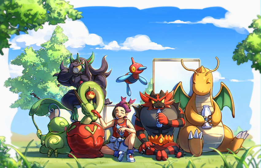 1boy black_hair bottle can closed_eyes clothes_around_waist clouds colored_sclera day dragonite drinking gloves grass grimmsnarl hi-fi_(fijazzy) highres holding holding_bottle holding_can hydrapple incineroar kieran_(pokemon) leaf male_focus open_mouth outdoors pokemon pokemon_(creature) pokemon_sv politoed porygon-z purple_hair ramune red_gloves red_tank_top shoes shorts single_glove sitting sky sweat tank_top tree yellow_sclera