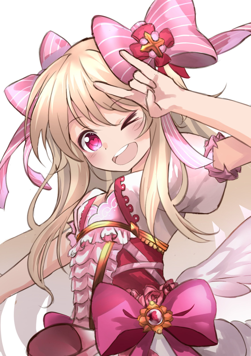 1girl absurdres blonde_hair breasts chaos_marie_(grimms_notes) cleavage_cutout clothing_cutout flower frills grimms_notes hair_ribbon hato_maron heart heart-shaped_pupils highres long_hair one_eye_closed open_mouth pink_eyes puffy_short_sleeves puffy_sleeves ribbon rose short_sleeves simple_background smile solo symbol-shaped_pupils teeth upper_body upper_teeth_only white_background wings
