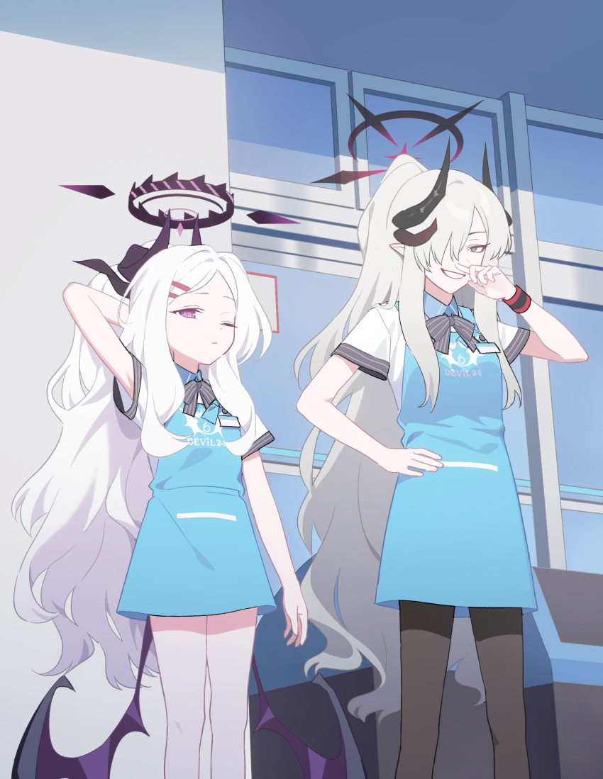 2girls absurdres angel's_24_uniform_(blue_archive) apron black_halo blanchat blue_apron blue_archive demon_horns demon_wings grin hair_ornament hairclip halo hand_on_own_face hand_on_own_hip highres hina_(blue_archive) horns looking_at_viewer makoto_(blue_archive) multiple_girls pointy_ears smile violet_eyes white_hair wings