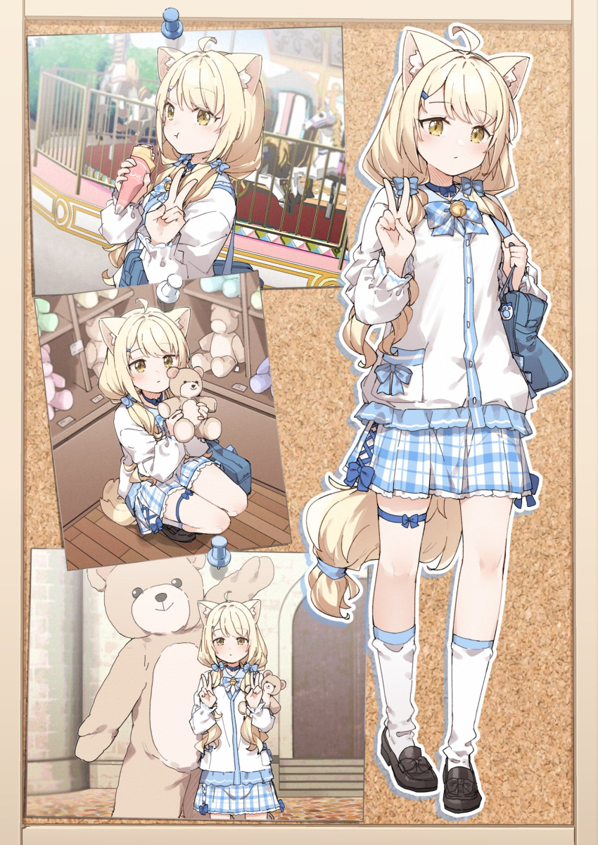 1girl :t ahoge animal_ear_fluff animal_ears bell black_footwear blonde_hair blue_bow blue_choker bow brown_eyes cat_ears cat_girl cat_tail choker collared_shirt commentary_request commission cosplay crepe eating food hair_bow hair_over_shoulder hands_up highres holding holding_food holding_stuffed_toy jacket jingle_bell kigurumi loafers long_hair long_sleeves low_twintails multiple_views original outline plaid plaid_bow plaid_skirt pleated_skirt puffy_long_sleeves puffy_sleeves shirt shoes skeb_commission skirt socks squatting stuffed_animal stuffed_toy tail teddy_bear twintails v very_long_hair white_jacket white_outline white_shirt white_skirt white_socks yukie_(kusaka_shi)