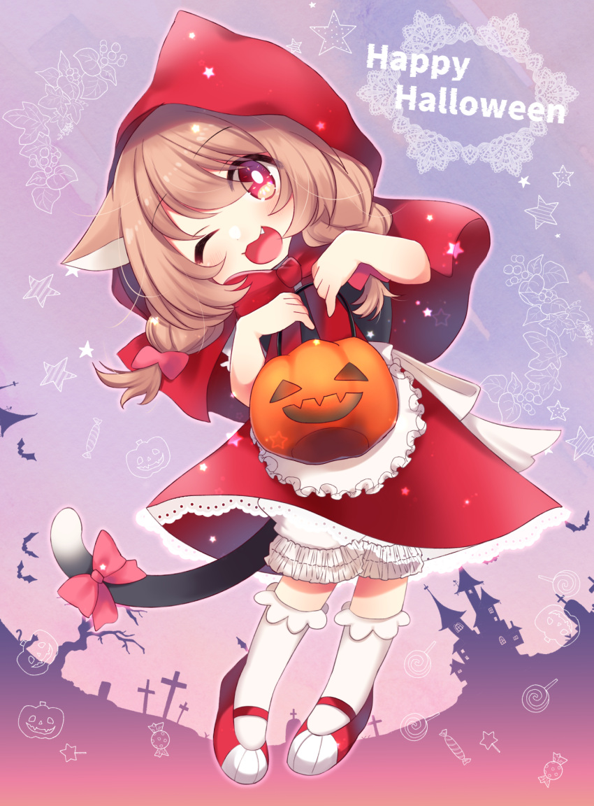 1girl :3 animal_ears bloomers blush bow bowtie braid brown_hair capelet cat_ears cat_girl cat_tail child cosplay dress fang full_body halloween halloween_bucket happy_halloween head_tilt highres holding hood hood_up jack-o'-lantern lace-trimmed_dress lace_trim little_red_riding_hood little_red_riding_hood_(grimm) little_red_riding_hood_(grimm)_(cosplay) long_hair mary_janes nekonooteteumai one_eye_closed open_mouth original red_eyes shoes smile socks solo tail tail_bow tail_ornament twin_braids