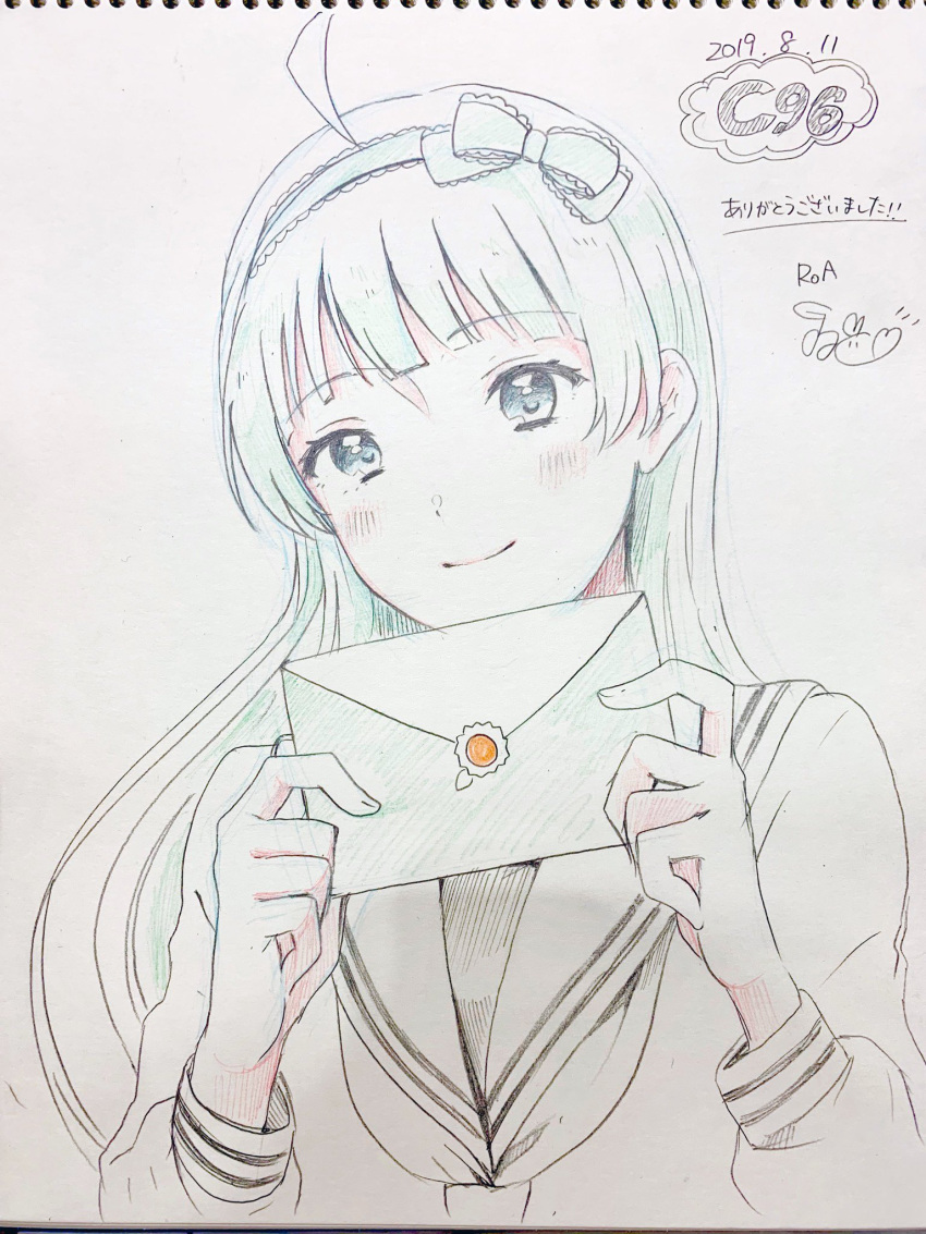 1girl ahoge black_undershirt blue_eyes blunt_bangs bow circle_name closed_mouth collared_shirt colored_pencil_(medium) comiket_96 commentary_request dated envelope eyelashes fingernails green_bow green_hair green_hairband hair_bow hairband highres holding holding_envelope idolmaster idolmaster_million_live! lace-trimmed_bow lace-trimmed_hairband lace_trim light_blush long_hair long_sleeves looking_at_viewer neckerchief photo_(medium) pink_lips sailor_collar school_uniform serafuku shimabara_elena shirt signature smile solo traditional_media translation_request upper_body wavy_hair white_neckerchief white_sailor_collar white_shirt white_sleeves witoi_(roa)
