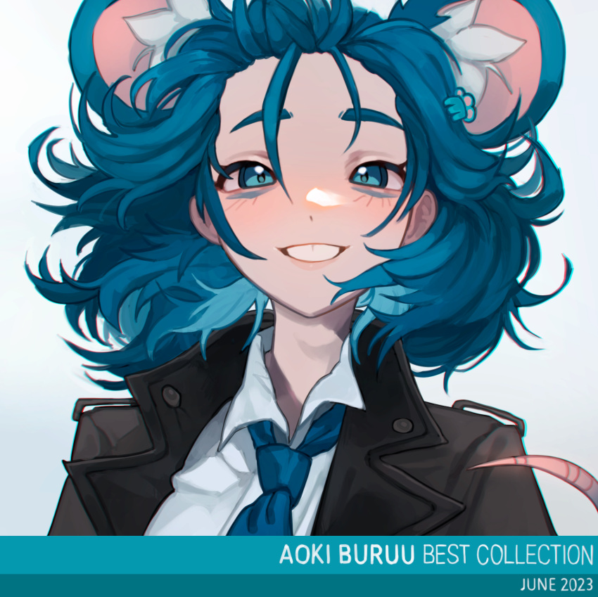 1girl album_cover animal_ears black_coat blue_eyes blue_hair blue_necktie coat cover grin highres looking_at_viewer mouse_ears mouse_girl mouse_tail necktie original parasoru_buruu shirt smile solo tail teeth white_shirt