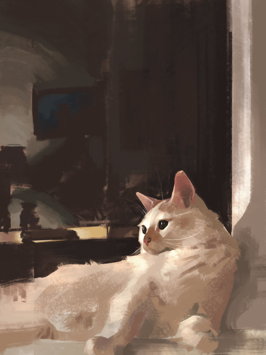 animal_focus black_eyes brush_stroke cat highres jeremy_anninos living_room looking_to_the_side lying on_side original painterly realistic shiny_eyes whiskers white_fur