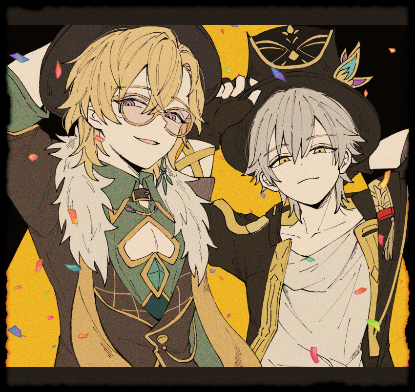 2boys aventurine_(honkai:_star_rail) black_gloves black_headwear blonde_hair caelus_(honkai:_star_rail) clothing_cutout collared_shirt ear_piercing earrings fingerless_gloves fur_trim glasses gloves green_shirt grey_hair hair_between_eyes hat highres honkai:_star_rail honkai_(series) jewelry looking_at_viewer male_focus multiple_boys piercing shirt short_hair smile trailblazer_(honkai:_star_rail) usamipyo white_shirt yellow_eyes