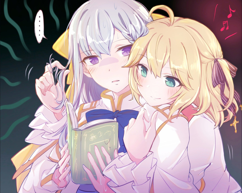 ... 2girls anisphia_wynn_palettia beamed_eighth_notes black_ribbon blonde_hair blue_ribbon blush book closed_mouth commentary_request dress eighth_note euphyllia_magenta green_eyes grey_hair hair_ribbon hand_in_another's_hair highres holding holding_book hug hug_from_behind long_hair medium_hair motion_lines multiple_girls musical_note parted_lips qqwan120 ribbon smile spoken_ellipsis sweatdrop tensei_oujo_to_tensai_reijou_no_mahou_kakumei upper_body violet_eyes white_dress yellow_ribbon yuri