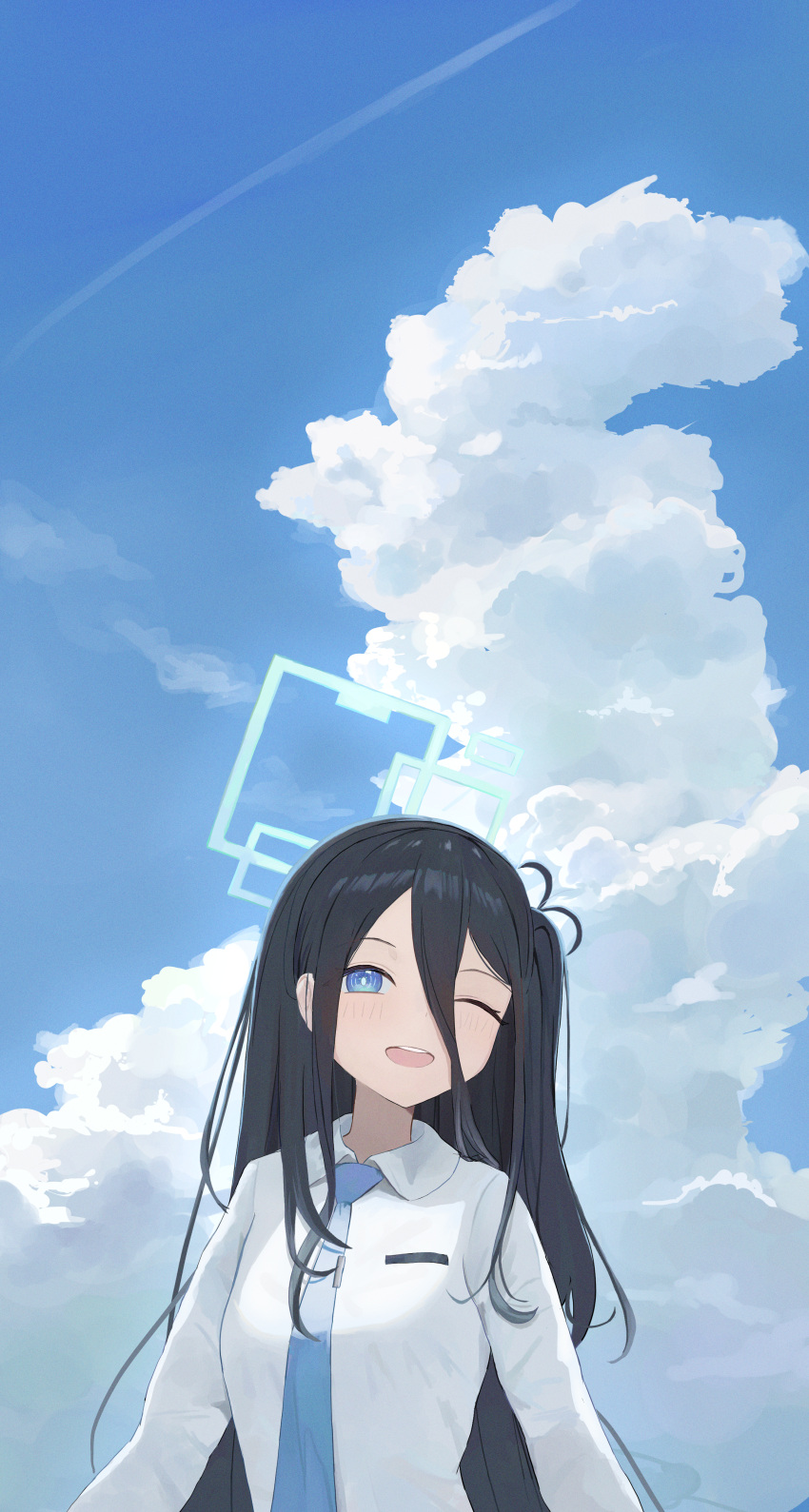 1girl absurdres aris_(blue_archive) black_hair blue_archive blue_eyes blush collared_shirt day halo highres kumare_yuki long_hair long_sleeves looking_at_viewer necktie one_eye_closed open_mouth shirt sky smile solo tie_clip upper_body