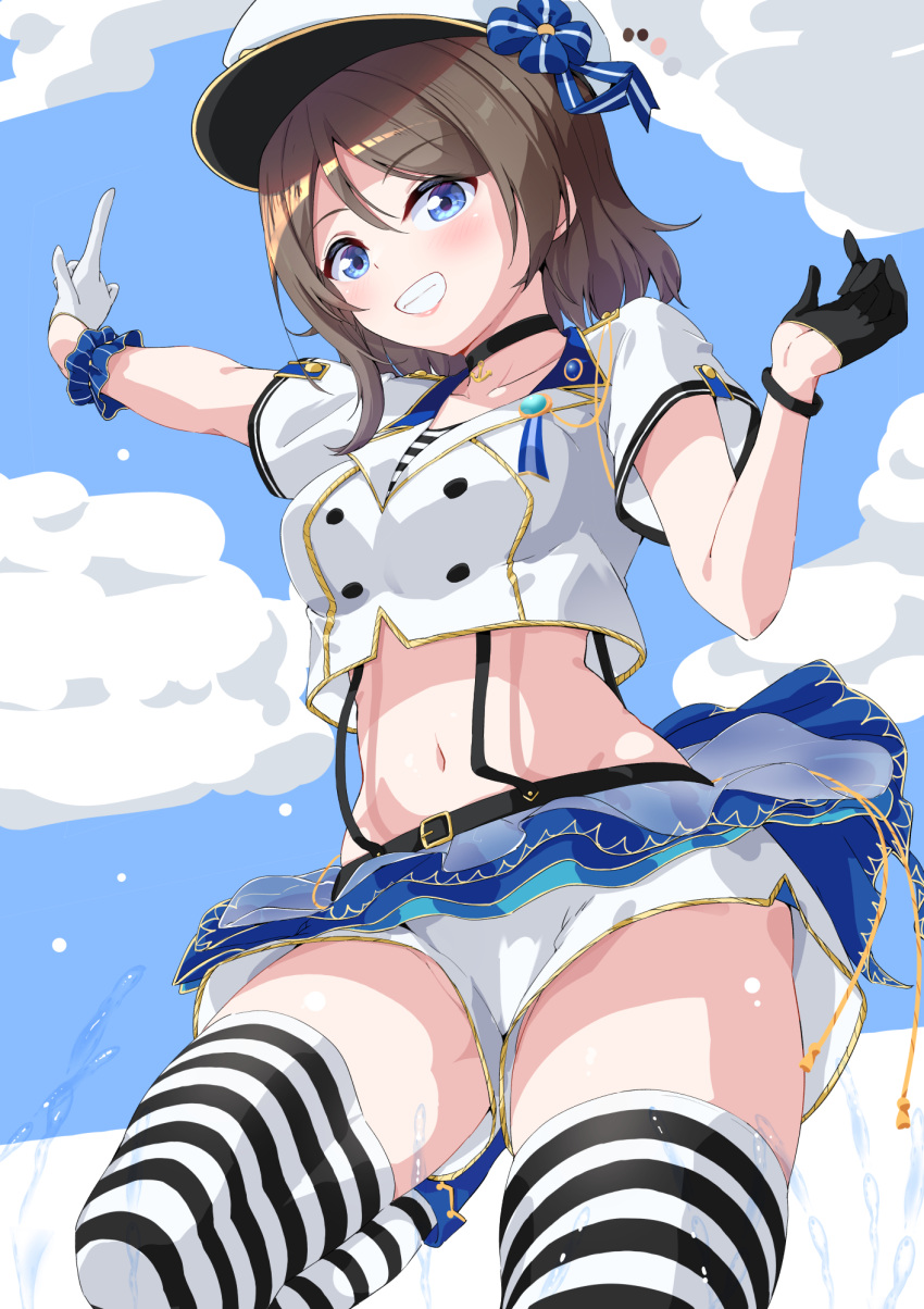 1girl abs blue_eyes breasts brown_hair clouds highres looking_at_viewer love_live! love_live!_sunshine!! midriff navel parisnoko short_hair shorts solo thighs watanabe_you water wavy_hair
