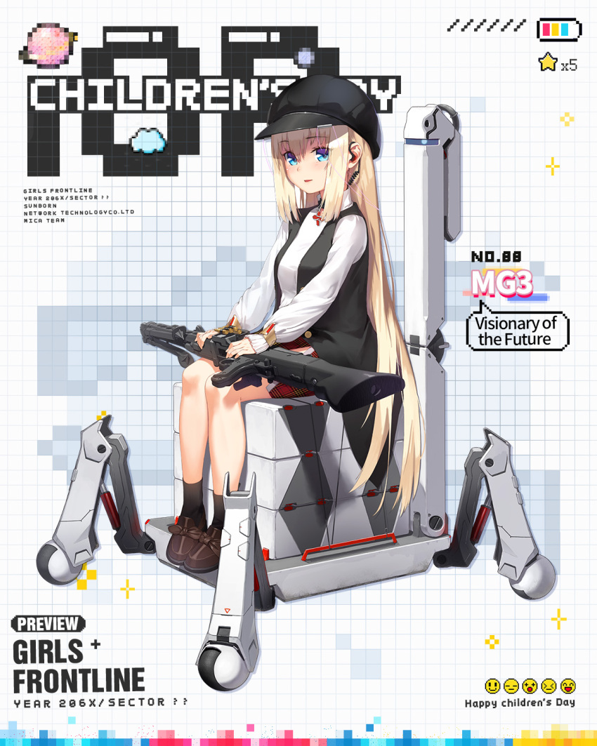 1girl battery_indicator black_headwear black_socks black_vest blonde_hair breasts brown_footwear character_name children's_day commentary company_name container copyright_name earpiece english_commentary full_body girls_frontline grid_background gun hair_between_eyes hat highres holding holding_gun holding_weapon light_blush long_hair long_sleeves looking_at_viewer machine machine_gun medium_breasts mg3 mg3_(girls'_frontline) mg3_(visionary_of_the_future)_(girls'_frontline) non-humanoid_robot official_alternate_costume official_art parted_lips peaked_cap plaid plaid_skirt planet red_skirt robot second-party_source shirt sidelocks sitting skirt smile socks solo star_(symbol) touko_(kira2yue) very_long_hair vest weapon white_shirt