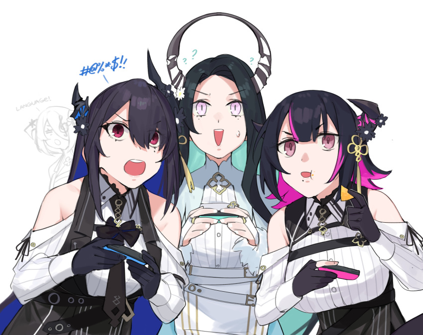 4girls aradia_ravencroft asymmetrical_horns bad_id bad_twitter_id black_hair blue_hair breasts colored_inner_hair dasdokter demon_horns english_text highres hololive hololive_english horns large_breasts long_hair malpha_ravencroft mamarissa mole mole_under_eye multicolored_hair multiple_girls nerissa_ravencroft pink_hair profanity red_eyes short_hair siblings sisters two-tone_hair uneven_horns virtual_youtuber
