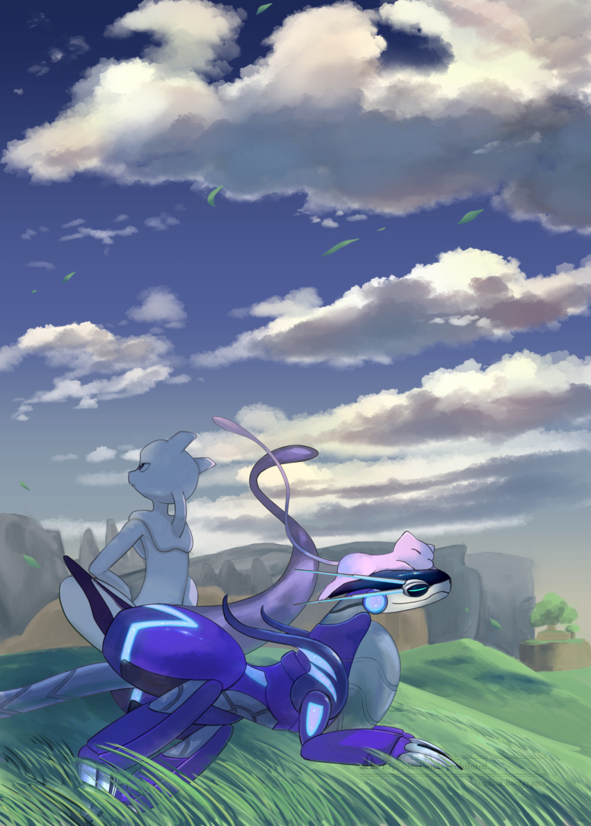 closed_eyes closed_mouth clouds commentary_request day falling_leaves grass highres leaf lying mew_(pokemon) mewtwo miraidon nanai_hachiyama no_humans on_head outdoors pokemon pokemon_(creature) pokemon_on_head sitting sky