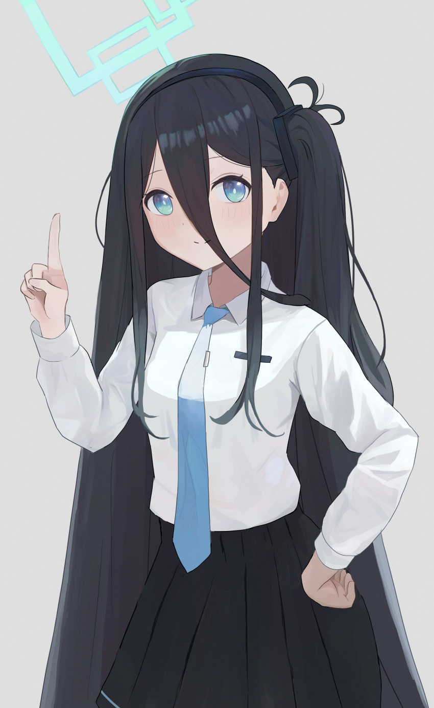 1girl absurdres aris_(blue_archive) blue_archive blue_eyes blush collared_shirt hair_ornament hairband halo hand_on_own_hip highres index_finger_raised kumare_yuki long_bangs long_hair long_sleeves looking_at_viewer necktie one_side_up pleated_skirt shirt skirt smile solo tie_clip very_long_hair