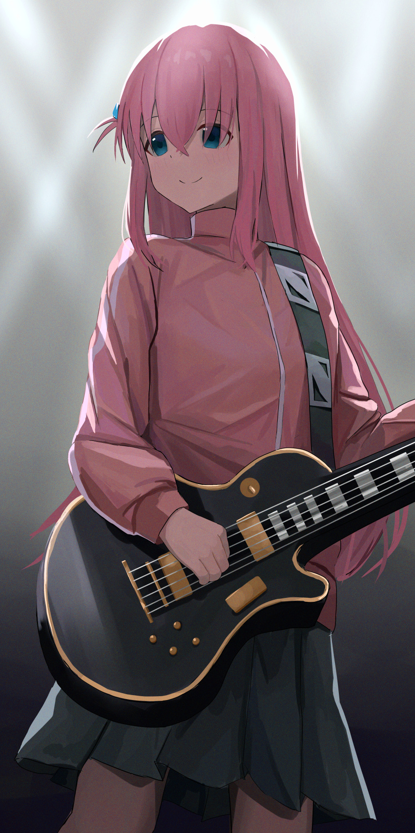 1girl absurdres backlighting blue_eyes blurry blurry_background blush bocchi_the_rock! gotoh_hitori guitar highres holding holding_guitar holding_instrument instrument jacket kumare_yuki long_hair looking_to_the_side one_side_up pink_hair pleated_skirt skirt smile solo track_jacket very_long_hair