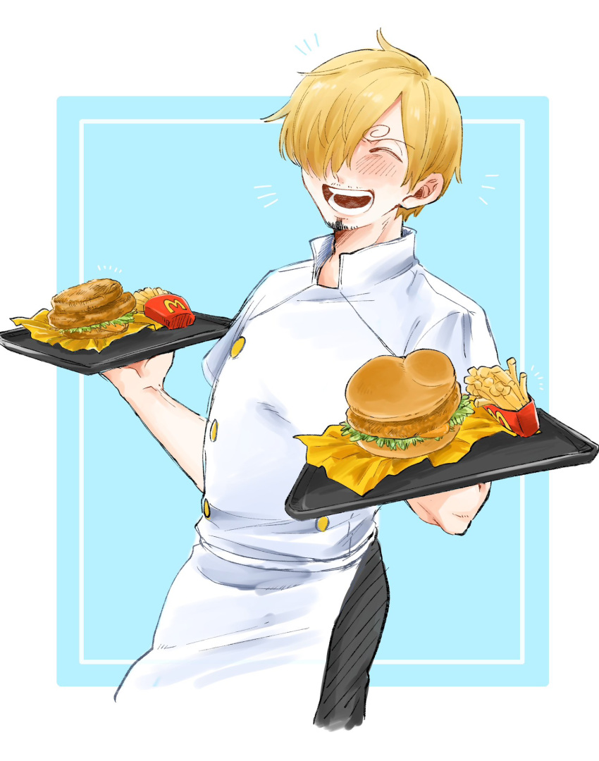 1boy ^_^ black_pants blonde_hair blush burger buttons cheese chef closed_eyes curly_eyebrows facial_hair food food_wrapper french_fries highres holding holding_tray jacket kurimaron lettuce light_blue_background long_bangs male_focus mcdonald's meat one_eye_covered one_piece open_mouth pants sanji_(one_piece) short_hair simple_background smile solo stubble teeth tray upper_body white_background white_jacket wrapper