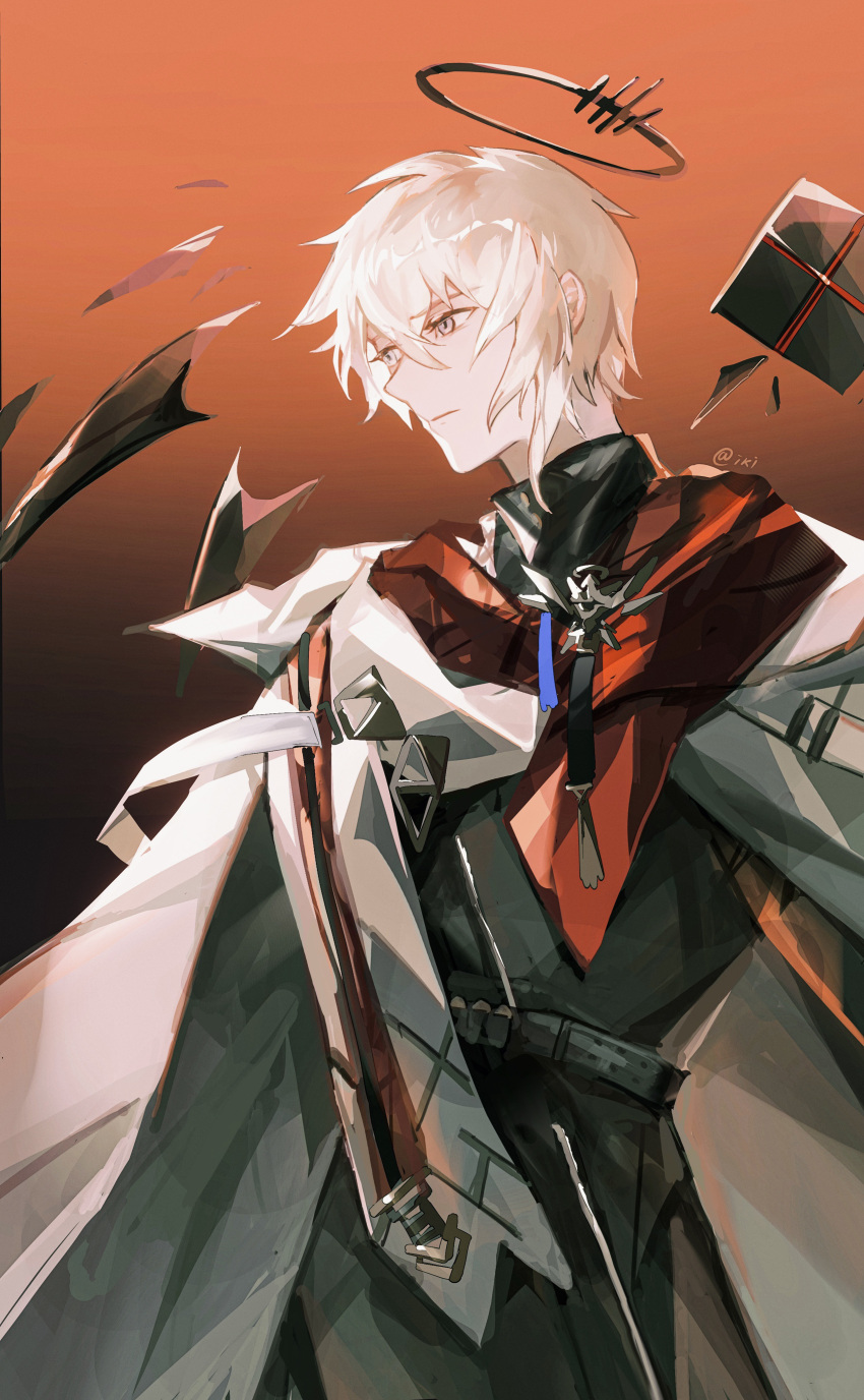 1boy absurdres arknights black_background black_jacket black_wings chinese_commentary cloak commentary_request commission detached_wings eli33342 executor_(arknights) executor_the_ex_foedere_(arknights) gradient_background grey_eyes grey_hair hair_between_eyes halo highres jacket male_focus orange_background procreate_(medium) revision solo twitter_username white_cloak wings