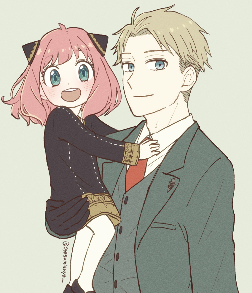 1boy 1girl ahoge anya_(spy_x_family) black_dress blonde_hair blue_eyes blush carrying carrying_person child closed_mouth collared_shirt commentary_request dress eyelashes father_and_daughter feet_out_of_frame green_eyes green_jacket happy highres jacket long_sleeves looking_at_viewer medium_hair necktie open_clothes open_jacket open_mouth oyasumisuya pink_hair red_necktie round_teeth school_uniform shirt short_dress short_hair smile spy_x_family teeth twilight_(spy_x_family) upper_body upper_teeth_only white_shirt