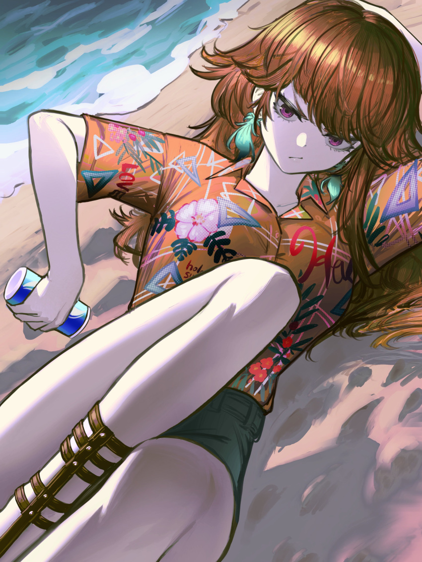 1girl absurdres beach blue_shorts can copyright_name drink_can earrings feather_earrings feathers floral_print_shirt hawaiian_shirt highres holding holding_can hololive hololive_english jewelry long_hair lying official_alternate_costume on_side orange_hair orange_shirt pungson_mori sand shirt shorts soda_can takanashi_kiara violet_eyes virtual_youtuber water