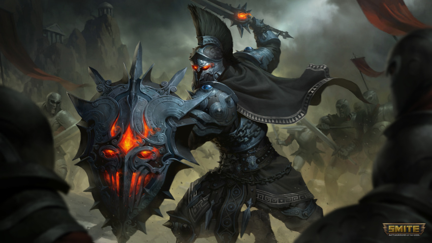 6+boys absurdres ares_(mythology) ares_(smite) ares_(smite)_(destroyer) armor black_armor black_cape cape copyright_name glowing glowing_eyes greek_armor greek_helmet greek_mythology grey_sky highres holding holding_shield holding_sword holding_weapon logo multiple_boys official_alternate_costume official_art red_eyes shield sky smite solo_focus sword weapon