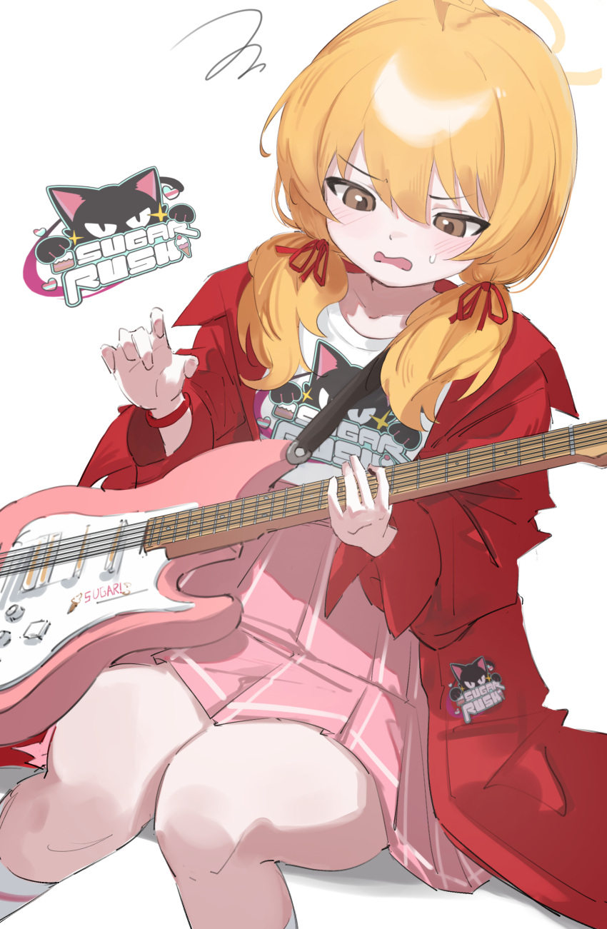 1girl absurdres blonde_hair blue_archive blush cygnet_(5817cygnet) electric_guitar guitar hair_between_eyes hair_ribbon halo highres instrument jacket long_hair long_sleeves official_alternate_costume open_clothes open_jacket open_mouth pink_skirt pleated_skirt red_jacket red_ribbon ribbon shirt simple_background skirt socks solo tress_ribbon white_background white_shirt white_socks yellow_eyes yellow_halo yoshimi_(blue_archive)