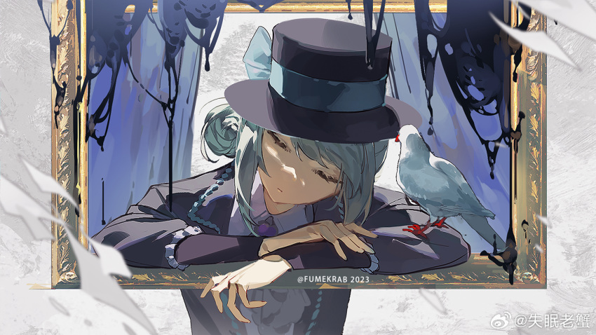 1girl 2023 arm_rest artist_name ascot bird black_liquid blue_bow blue_curtains bow chinese_commentary closed_eyes closed_mouth coat collared_shirt commentary_request grey_hair hair_bun hat hat_bow head_tilt krab_(fumekrab) picture_frame purple_coat purple_headwear reverse:1999 shirt short_hair single_side_bun sleeping slime_(substance) solo top_hat upper_body vertin_(reverse:1999) weibo_logo weibo_username white_ascot white_background white_bird white_shirt